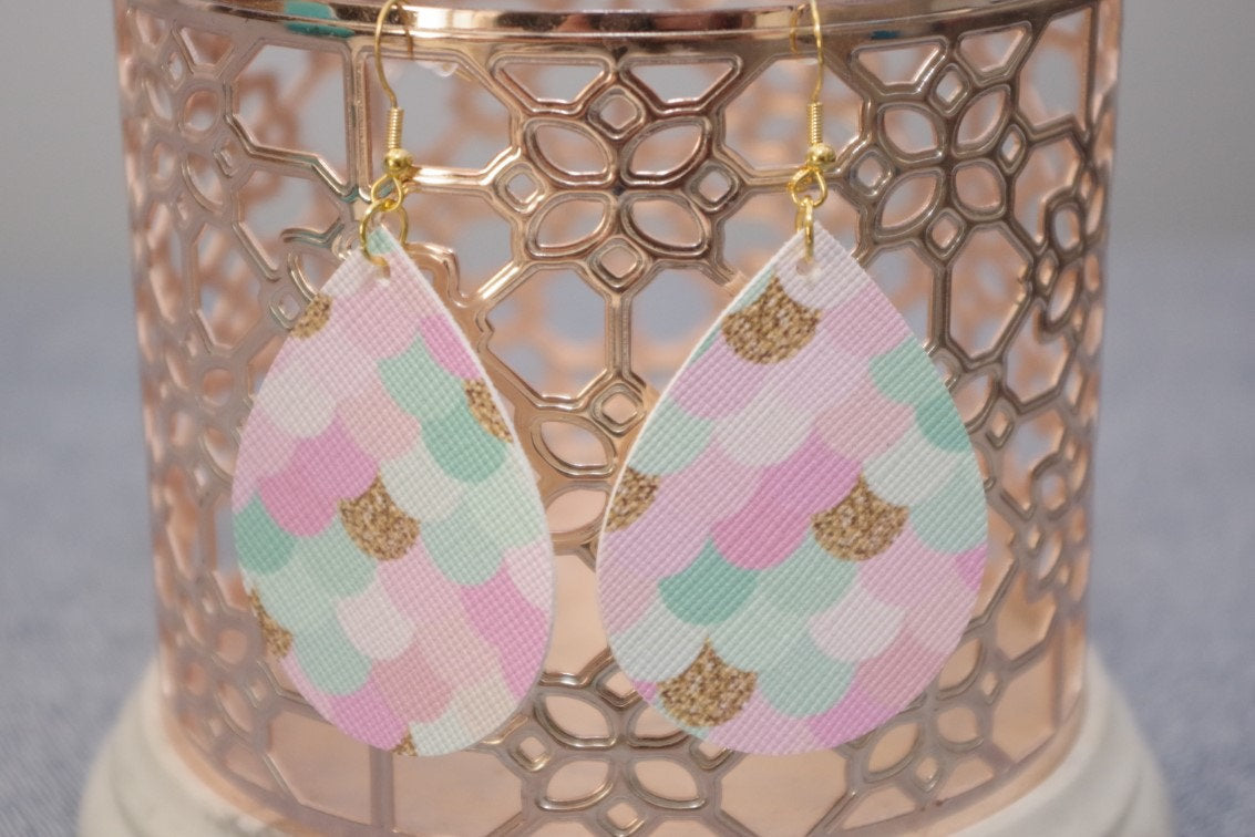 Pink/Mint/Gold Mermaid Teardrop Earrings (Without Glitter Layer)