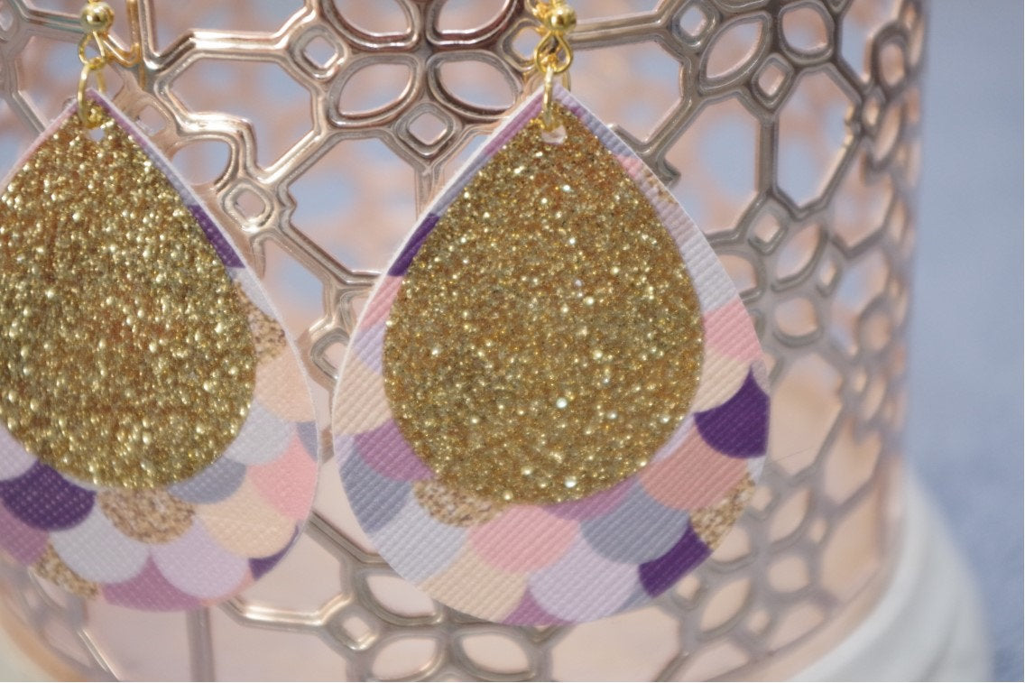 Dark Purple Pink Gold w/ Gold Glitter Mermaid Scale Teardrop Earrings