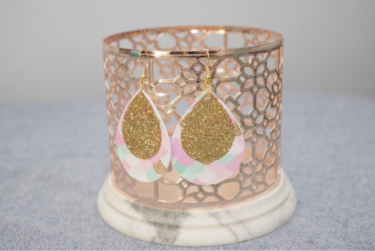 Pink/Mint Mermaid Scale W/ Gold Glitter Teardrop Earrings