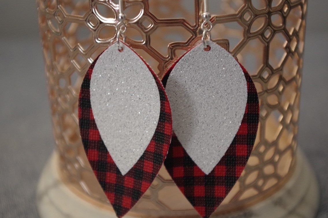 Mini Red Buffalo Plaid White/Silver Glitter Leaf Drop Earrings