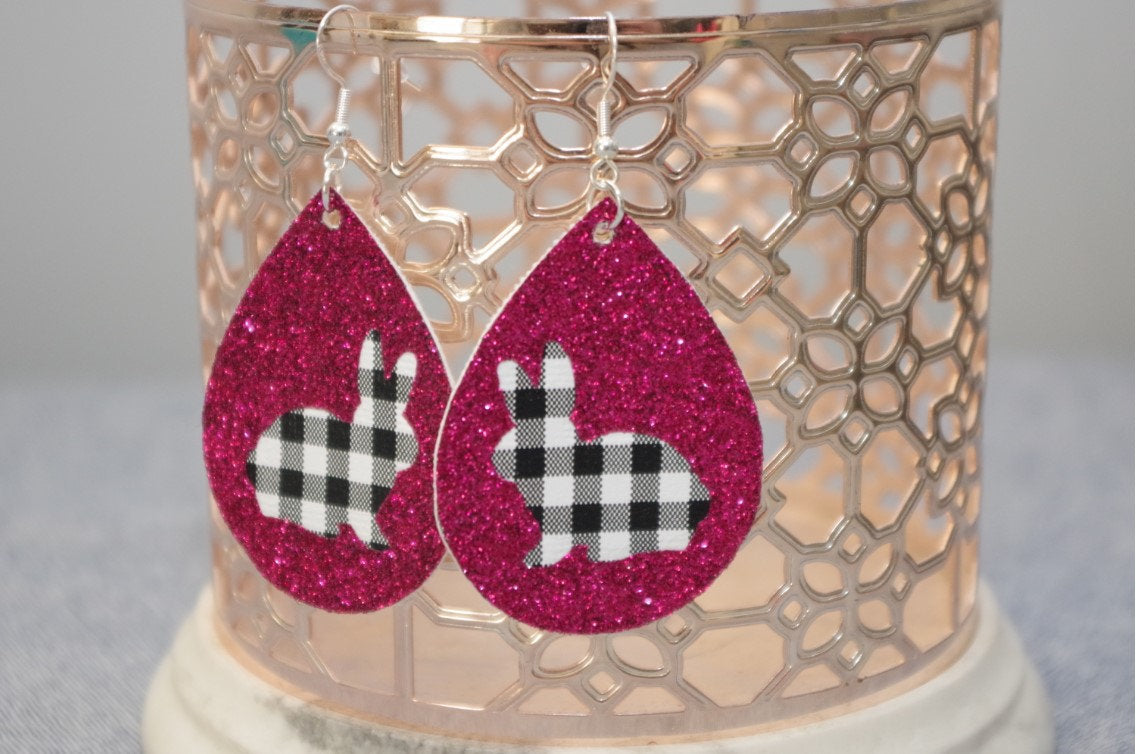 Peek a boo Bunny Hot Pink Glitter Black & White Mini Buffalo Plaid Teardrop Earrings