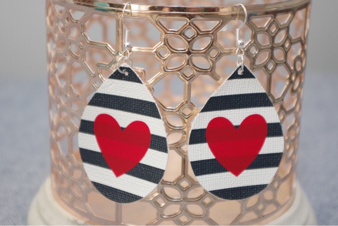 Black & White Stripe Red Heart Teardrop Earrings