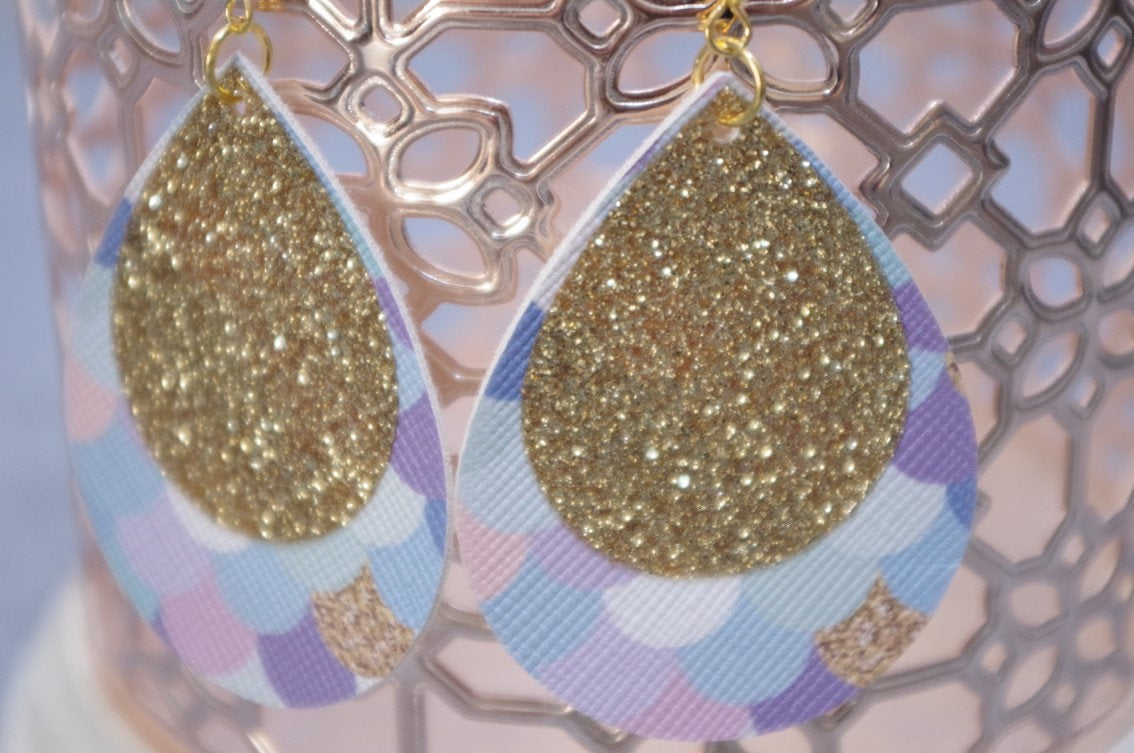 Purple Pink Gold w/ Gold Glitter Mermaid Scale Teardrop Earrings