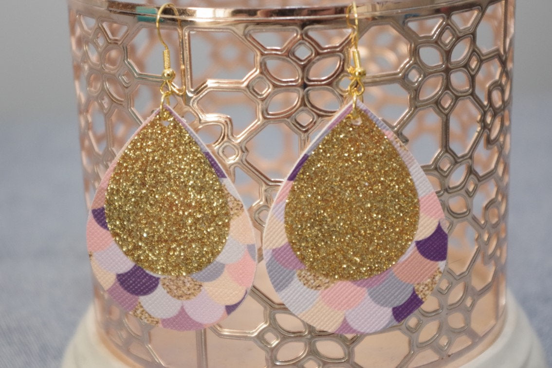 Dark Purple Pink Gold w/ Gold Glitter Mermaid Scale Teardrop Earrings
