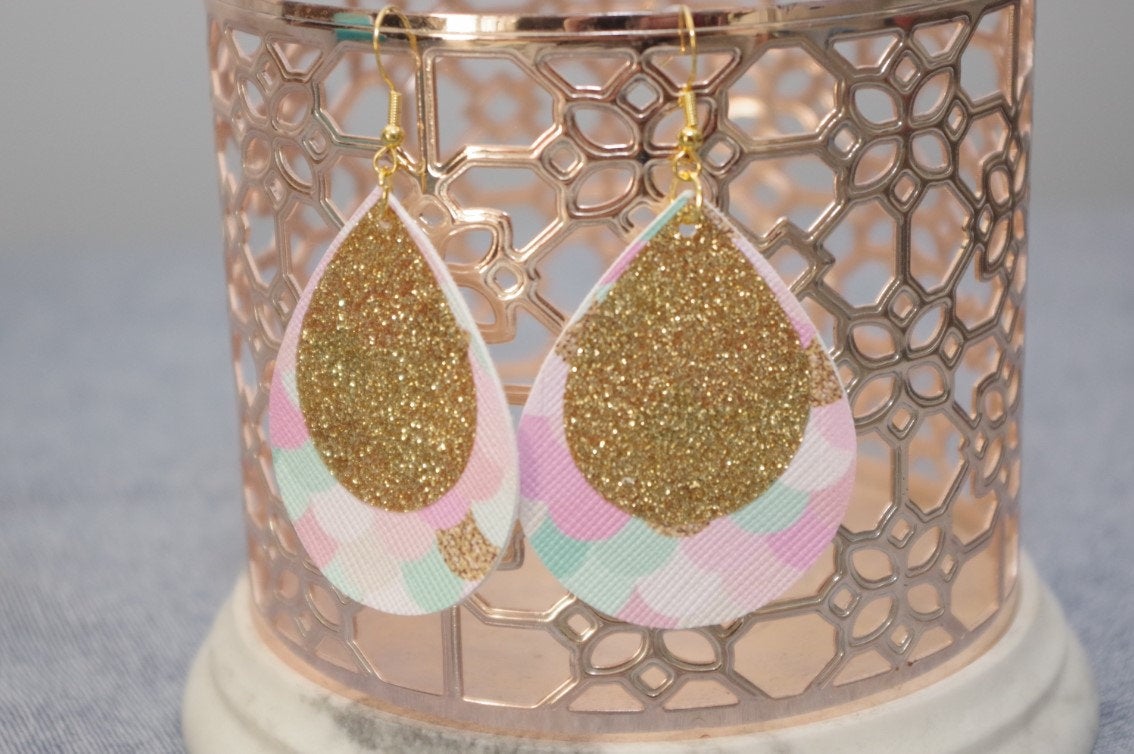 Pink/Mint Mermaid Scale W/ Gold Glitter Teardrop Earrings