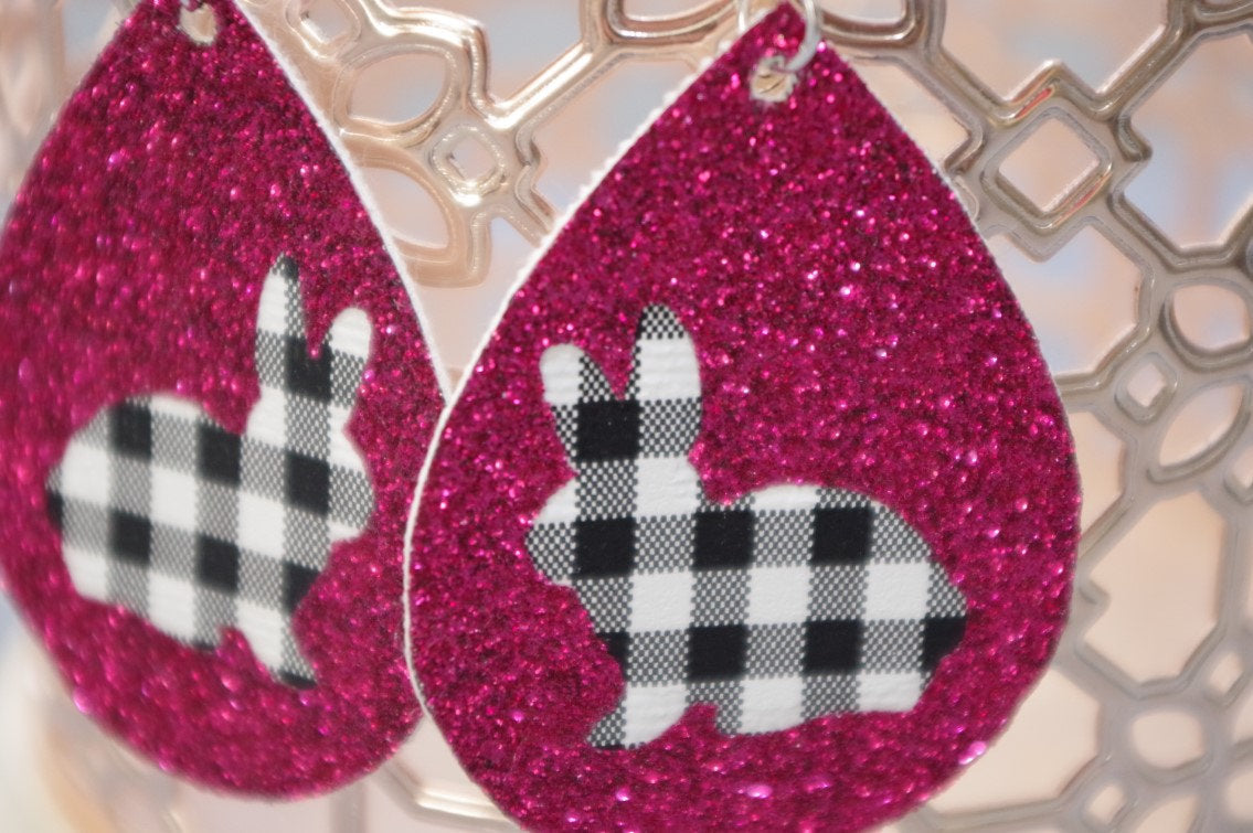 Peek a boo Bunny Hot Pink Glitter Black & White Mini Buffalo Plaid Teardrop Earrings