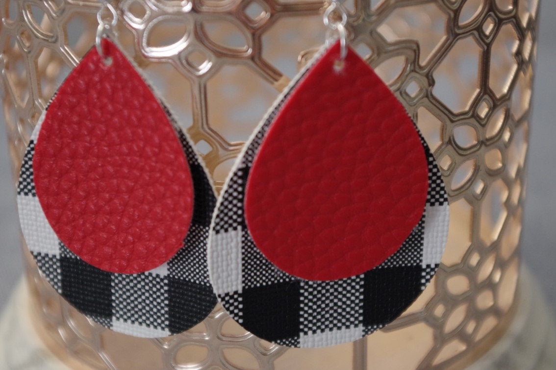 Black & White Buffalo Plaid with Red Pebbled Leather Layered Teardrop Earrings