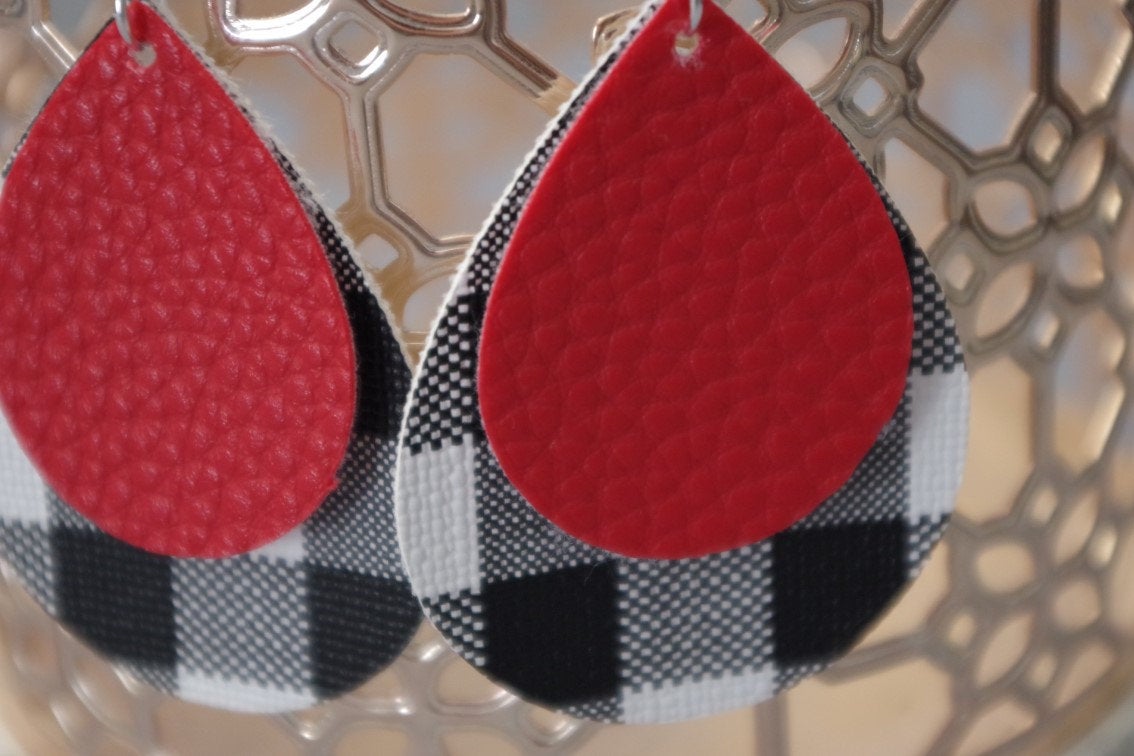 Black & White Buffalo Plaid with Red Pebbled Leather Layered Teardrop Earrings