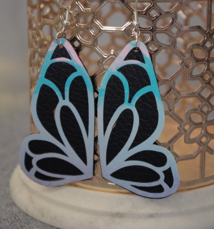 Rainbow Pearl Black Butterfly Wing Earrings