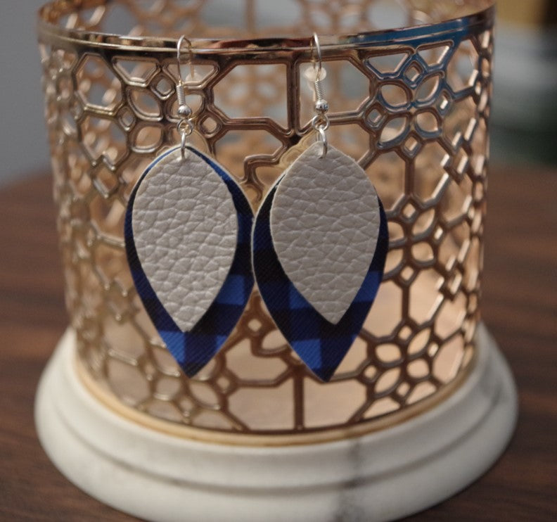 Blue Plaid Leaf Layered Earrings